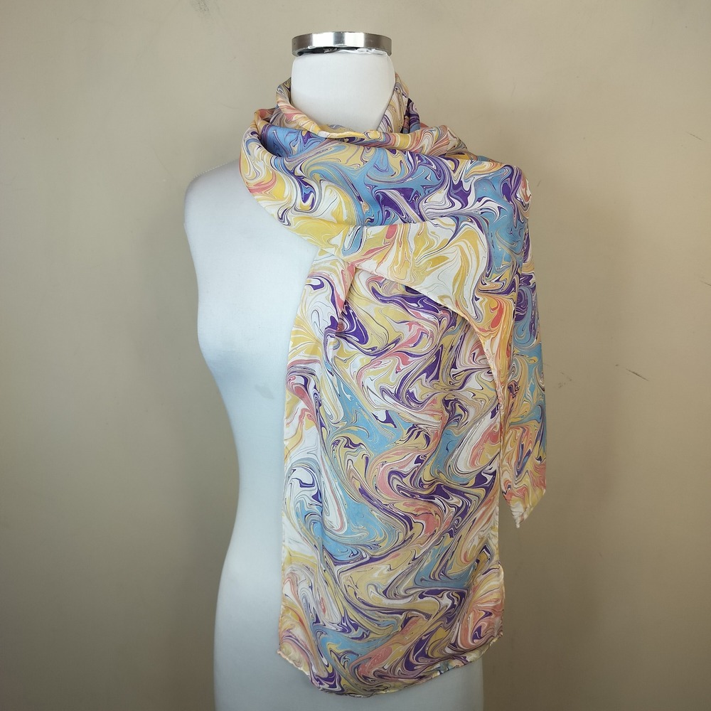 100% Silk Scarf Marbled Wavy Psychedelic Multicolor 56 x 11